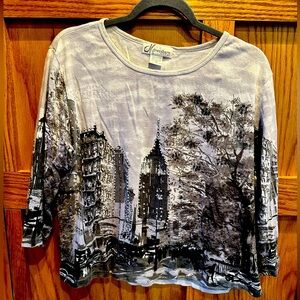 Vintage cityscape tee shirt embellished with sequins and beads.
